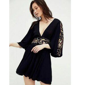Free People Moroccan Gemstone Mini Dress Floral Embroidered Black Goth Boho